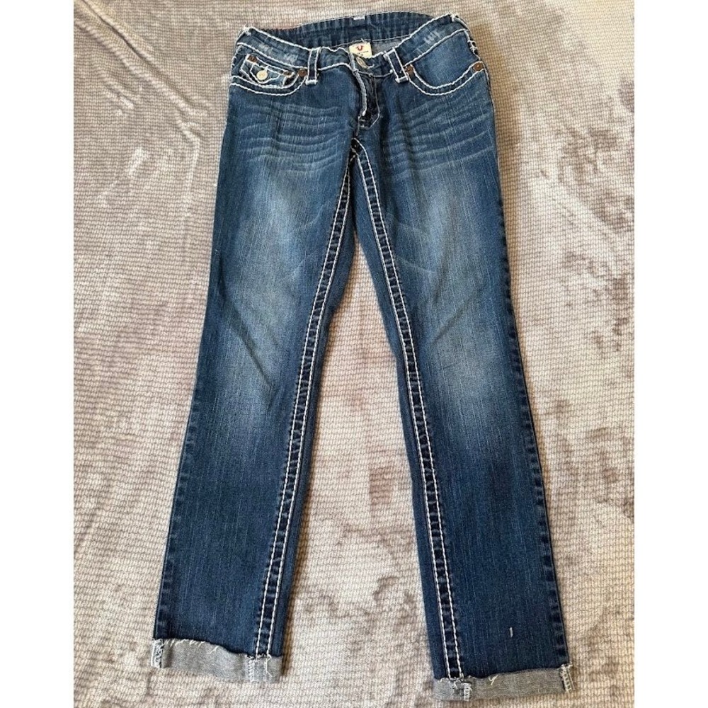 True Religion Johnny Big T Jeans Medium Wash White Stitch Size 28 USA